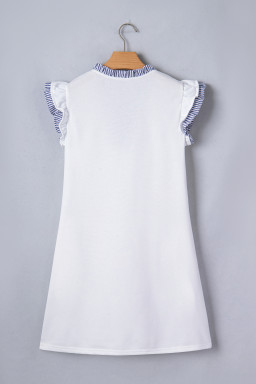 White Contrasted Striped Patchwork Split Neck Ruffle Trim Sleeveless Dress