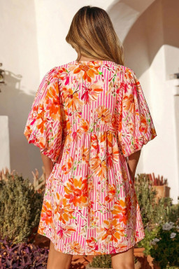 Pink Striped Floral Print Tie Neck Puff Sleeve Loose Mini Dress