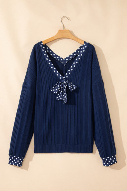 Dirty blue Polka Dot Trimmed V Neck Bow Tie Textured Ribbed Top