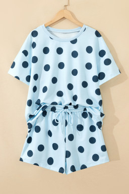 Sky Blue Polka Dot Print Loose Tee Drawstring Elastic Waist Short Set