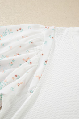 White Ribbed Texture Floral Print Half Sleeve Patchwork Top