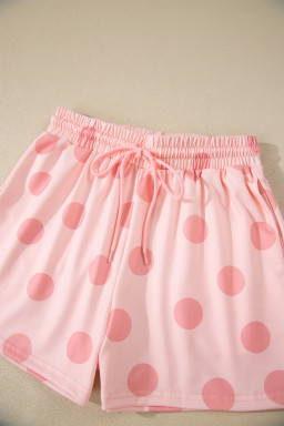 Pink Polka Dot Print Loose Tee Drawstring Elastic Waist Short Set
