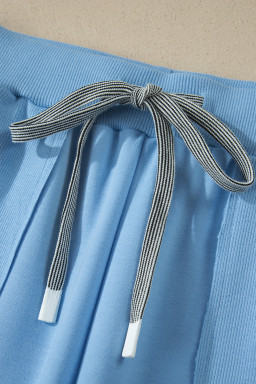 Beau Blue Solid Color V Neck Tee Drawstring Pant Set
