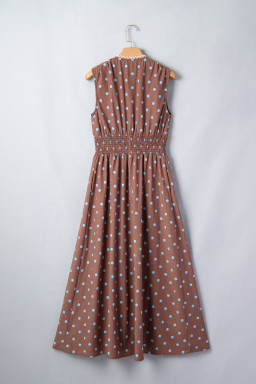 Brown Polka Dot Print Contrast Trim V Neck Zip Up Sleeveless Dress