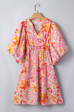 Pink Striped Floral Print Tie Neck Puff Sleeve Loose Mini Dress