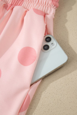 Pink Polka Dot Print Loose Tee Drawstring Elastic Waist Short Set
