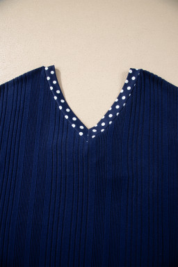 Dirty blue Polka Dot Trimmed V Neck Bow Tie Textured Ribbed Top