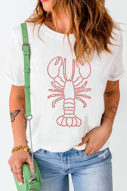 White Rhinestone Lobster Casual Summer Tee