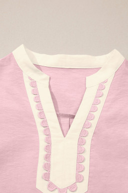 Light Pink Scallop Color Block Trim Puff Sleeve Mini Dress