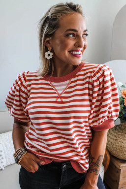 Orange Stripe Short Bubble Sleeve T Shirt