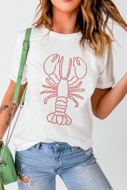 White Rhinestone Lobster Casual Summer Tee
