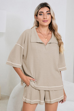 Light Beige-10 Breathable Waffle Color Block Trim 2pcs Casual Short Set