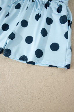 Sky Blue Polka Dot Print Loose Tee Drawstring Elastic Waist Short Set