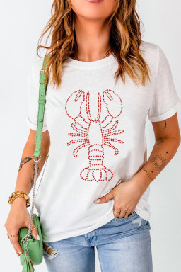 White Rhinestone Lobster Casual Summer Tee