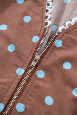 Brown Polka Dot Print Contrast Trim V Neck Zip Up Sleeveless Dress