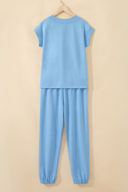 Beau Blue Solid Color V Neck Tee Drawstring Pant Set