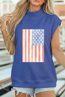 Sky Blue Retro American Flag Printed Mock Neck Tee