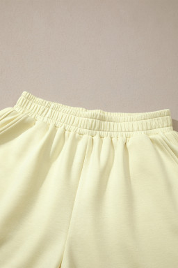 Yellow Cream Solid Color Exposed Seam Mock Neck Oversize Tee Casual Shorts 2pcs Outfit