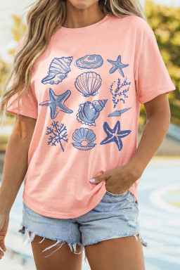 Pink Seashell Printed Casual T Shirt
