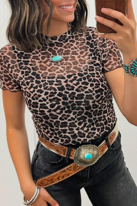 Khaki Leopard Print Sheer Mesh Short Sleeve Top