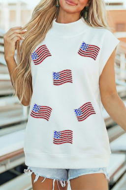 White Sequin American Flag Mock Neck Short Sleeve Top