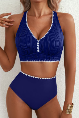 Navy Blue Shell Stitched Trim V Neck Textured Mix and Match High Waist Bikinis