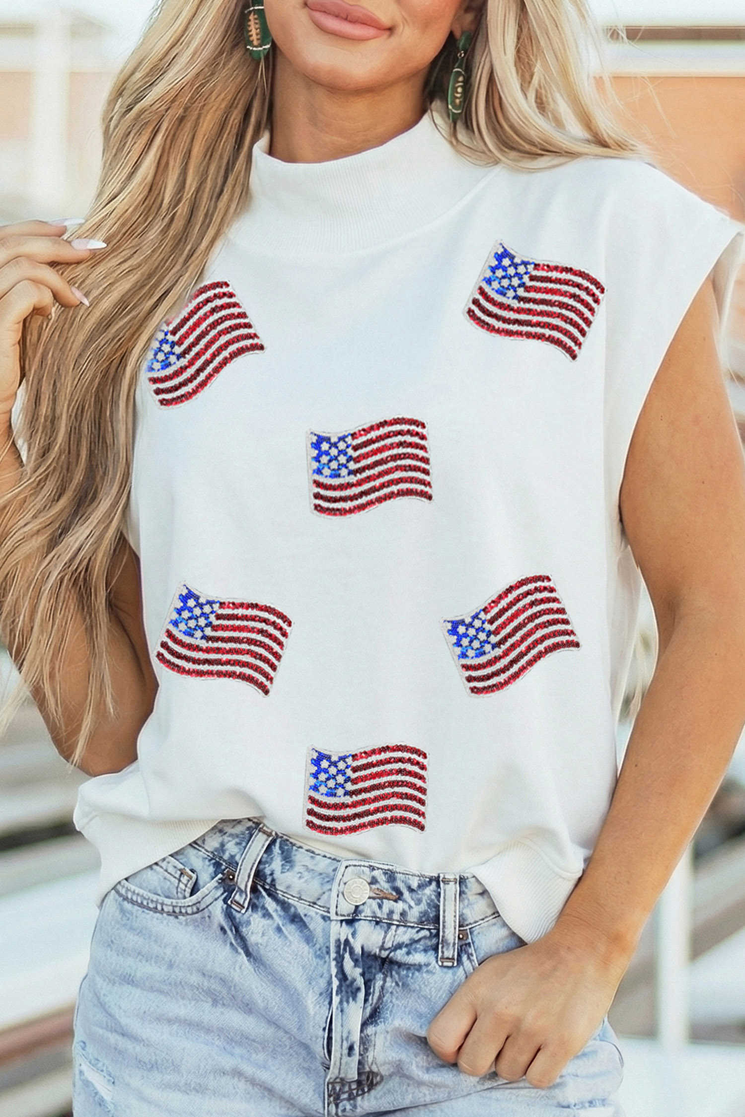White Sequin American Flag Mock Neck Short Sleeve Top