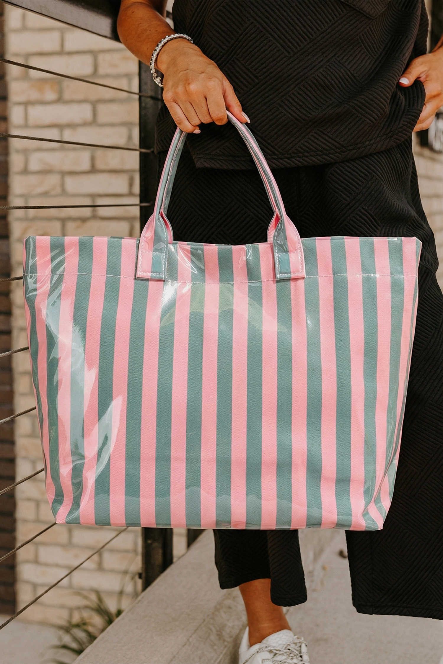 Blackish Green Glossy Striped Vinyl Large Tote Bag