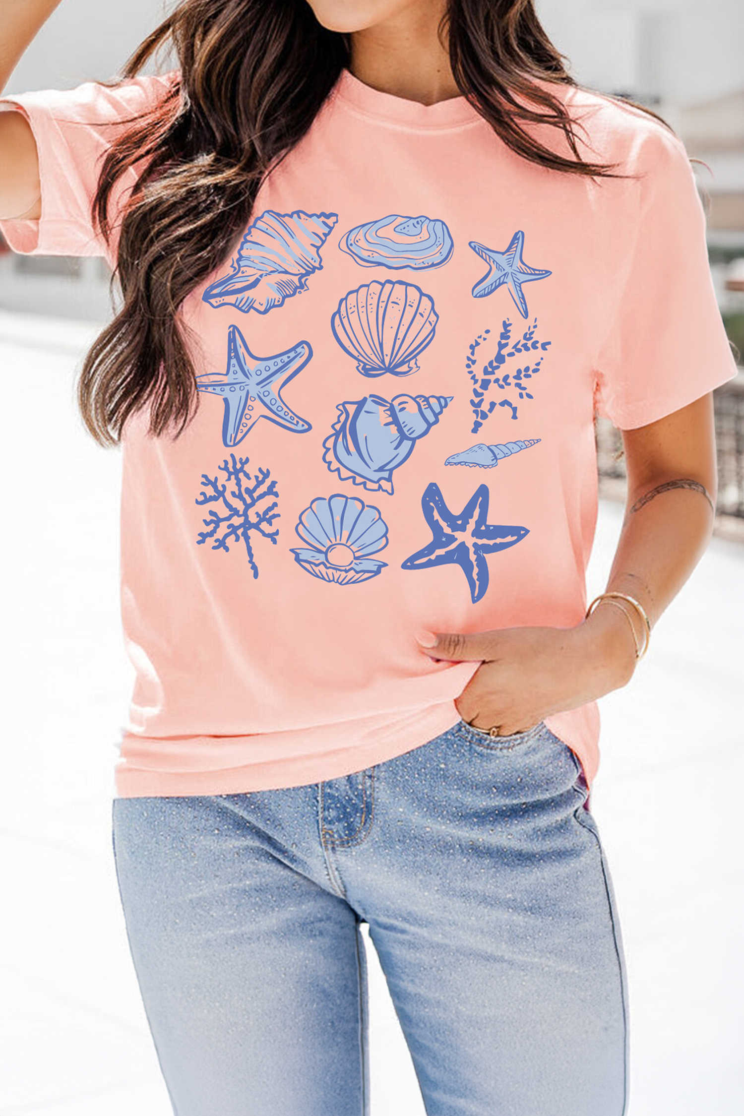 Pink Seashell Printed Casual T Shirt