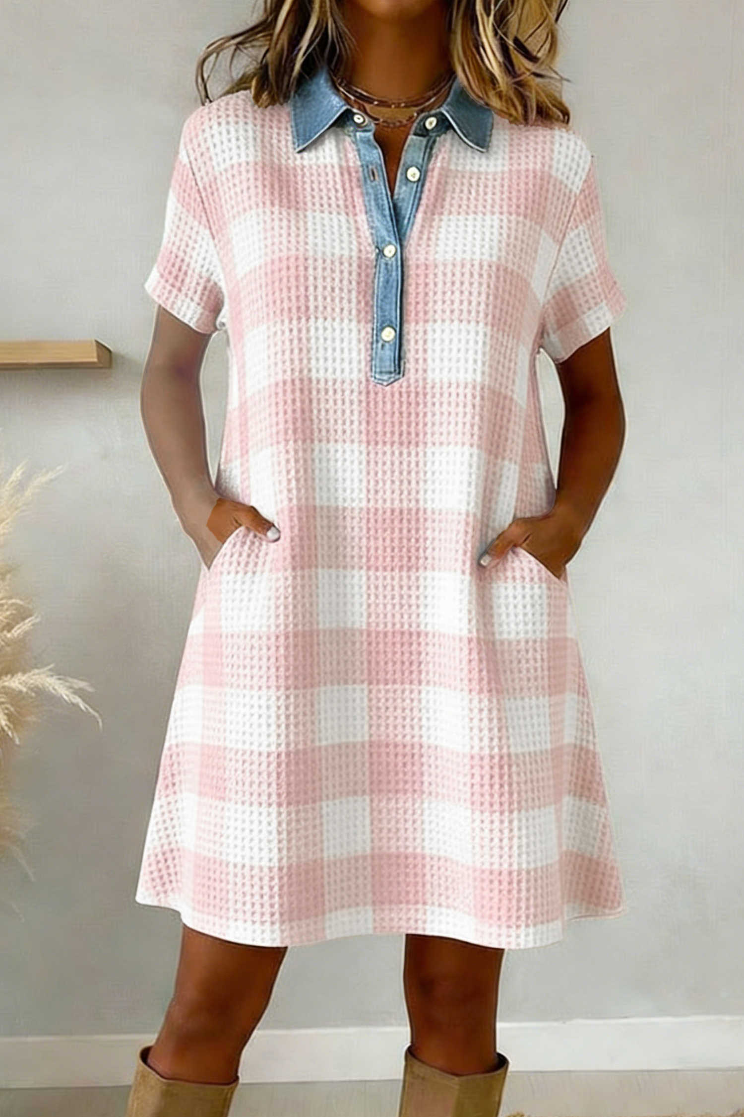 Pink Waffle Plaid Print Contrast Denim Shirt Collar Buttoned T Shirt Mini Dress