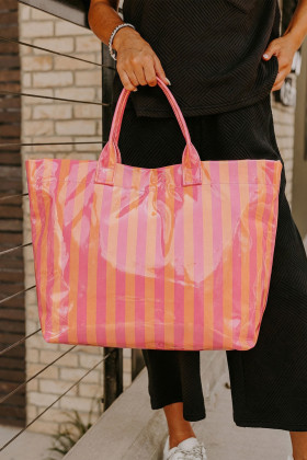 Rose Red Glossy Striped Vinyl Large Tote Bag