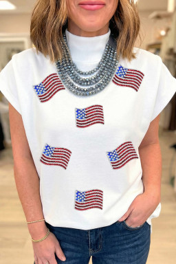 White Sequin American Flag Mock Neck Short Sleeve Top