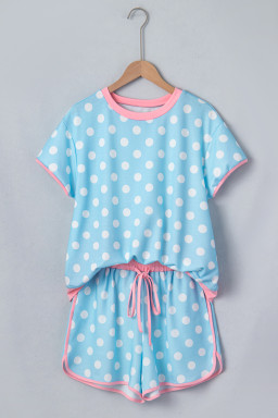 Sky Blue Polka Dot Contrast Edge Casual Short Set