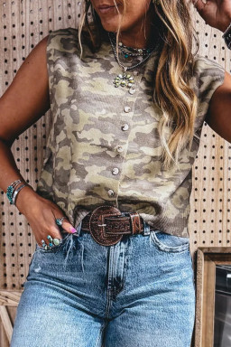 Green Camo Print Button Front Loose Sweater Vest