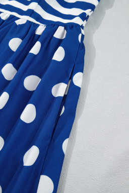 Blue Striped Polka Dot Patchwork High Waist Spaghetti Straps Maxi Dress