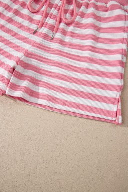 Pink Stripe Puff Short Sleeve T Shirt Matching Shorts Set