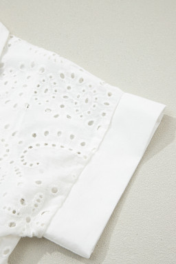 White Solid Color Eyelet Embroidered T Shirt Mini Dress