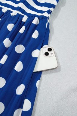 Blue Striped Polka Dot Patchwork High Waist Spaghetti Straps Maxi Dress