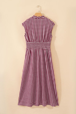 Red Plaid Print Full Zipper Cinched Waist Fit Flare Sleeveless Maxi Dress
