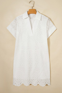 White Solid Color Eyelet Embroidered T Shirt Mini Dress