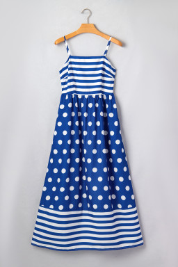 Blue Striped Polka Dot Patchwork High Waist Spaghetti Straps Maxi Dress