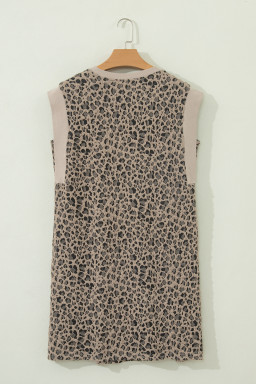 Khaki Leopard Textured Sleeveless Mini Dress with Pockets