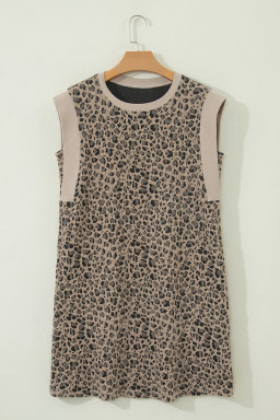 Khaki Leopard Textured Sleeveless Mini Dress with Pockets