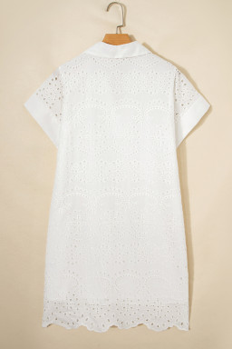 White Solid Color Eyelet Embroidered T Shirt Mini Dress