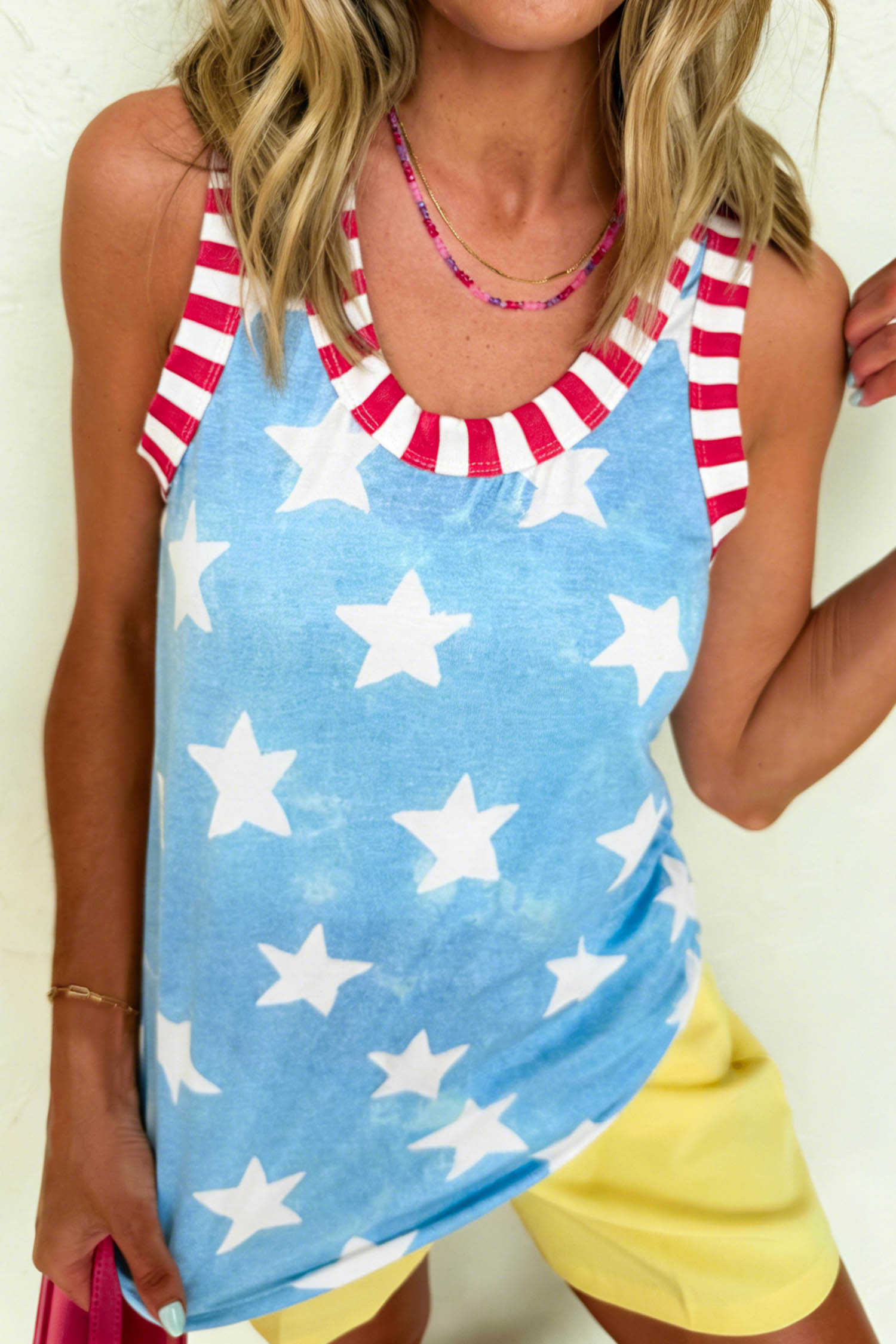 Sky Blue Tie Dye Star Print Striped Trim Round Neck Casual Tank Top