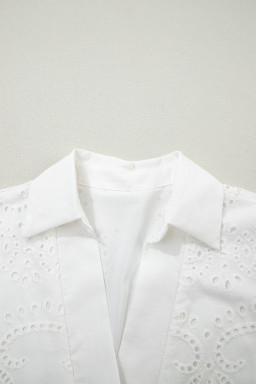 White Solid Color Eyelet Embroidered T Shirt Mini Dress
