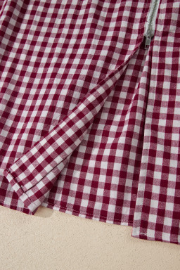 Red Plaid Print Full Zipper Cinched Waist Fit Flare Sleeveless Maxi Dress