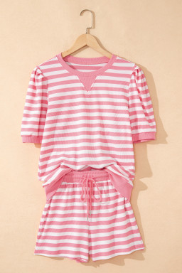 Pink Stripe Puff Short Sleeve T Shirt Matching Shorts Set