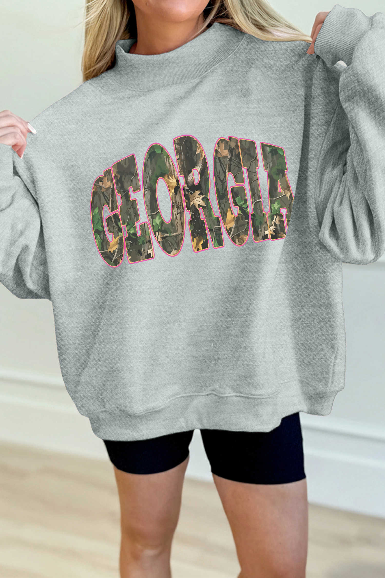 Gray GEORGIA Camo Letter Printed Mock Neck Sweatshirt