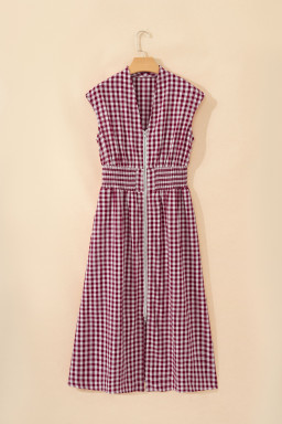 Red Plaid Print Full Zipper Cinched Waist Fit Flare Sleeveless Maxi Dress